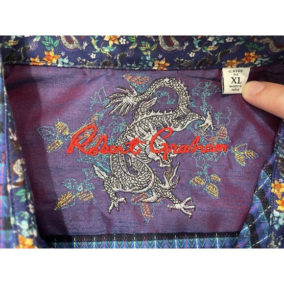 Robert Graham Japanese Dragon Sport Button Up Shirt Men’s XL Blue Purple Plaid - Picture 2 of 10